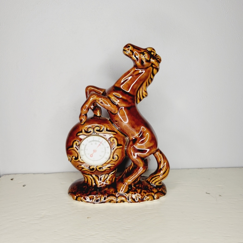Vintage Rearing Stallion Horse 6 1/2" Tall Ceramic Rustic Thermometer Japan